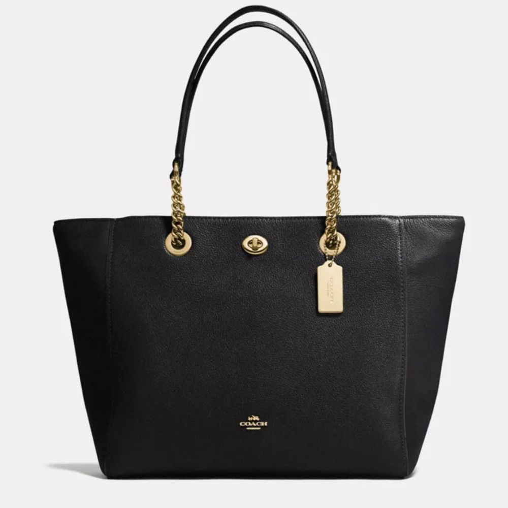 NEW Coach Pebbled Leather Turnlock Chain, Black& Gold Tote Purse Handbag